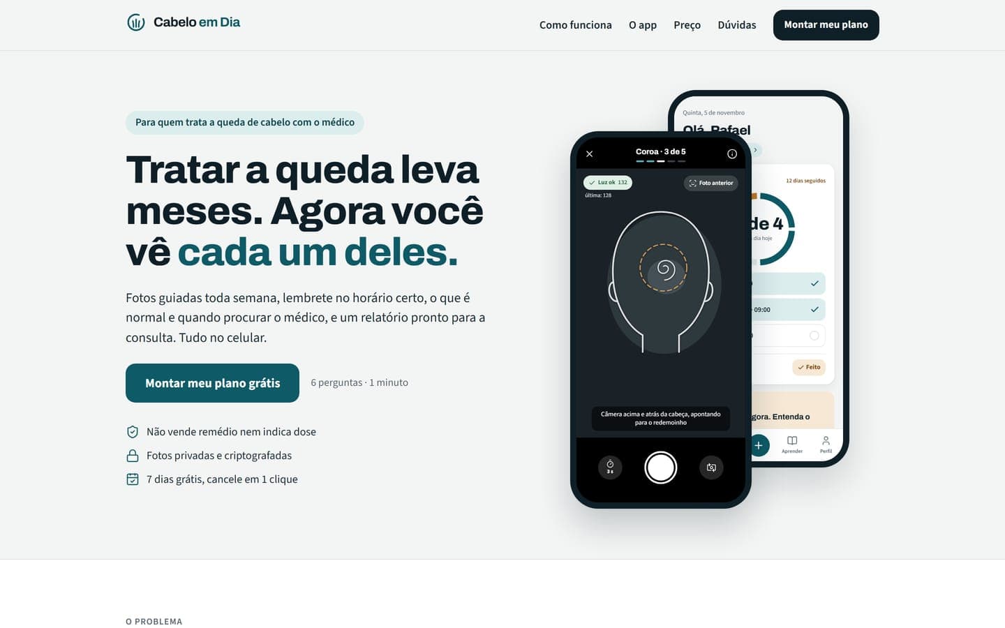 Página inicial do Cabelo em Dia no computador, com o título sobre tratar a queda de cabelo e dois celulares mostrando a câmera guiada e a tela Hoje