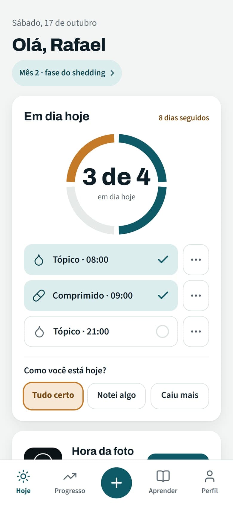 Tela Hoje do app, com o anel do dia, os horários de tratamento e o check-in