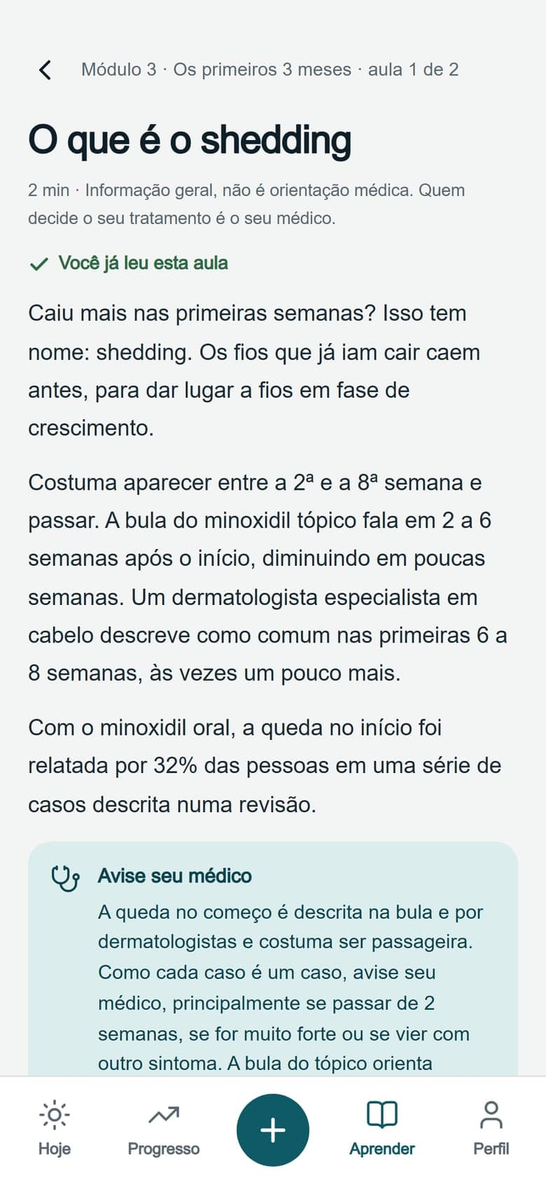 Aula sobre shedding dentro do app, com aviso para falar com o médico