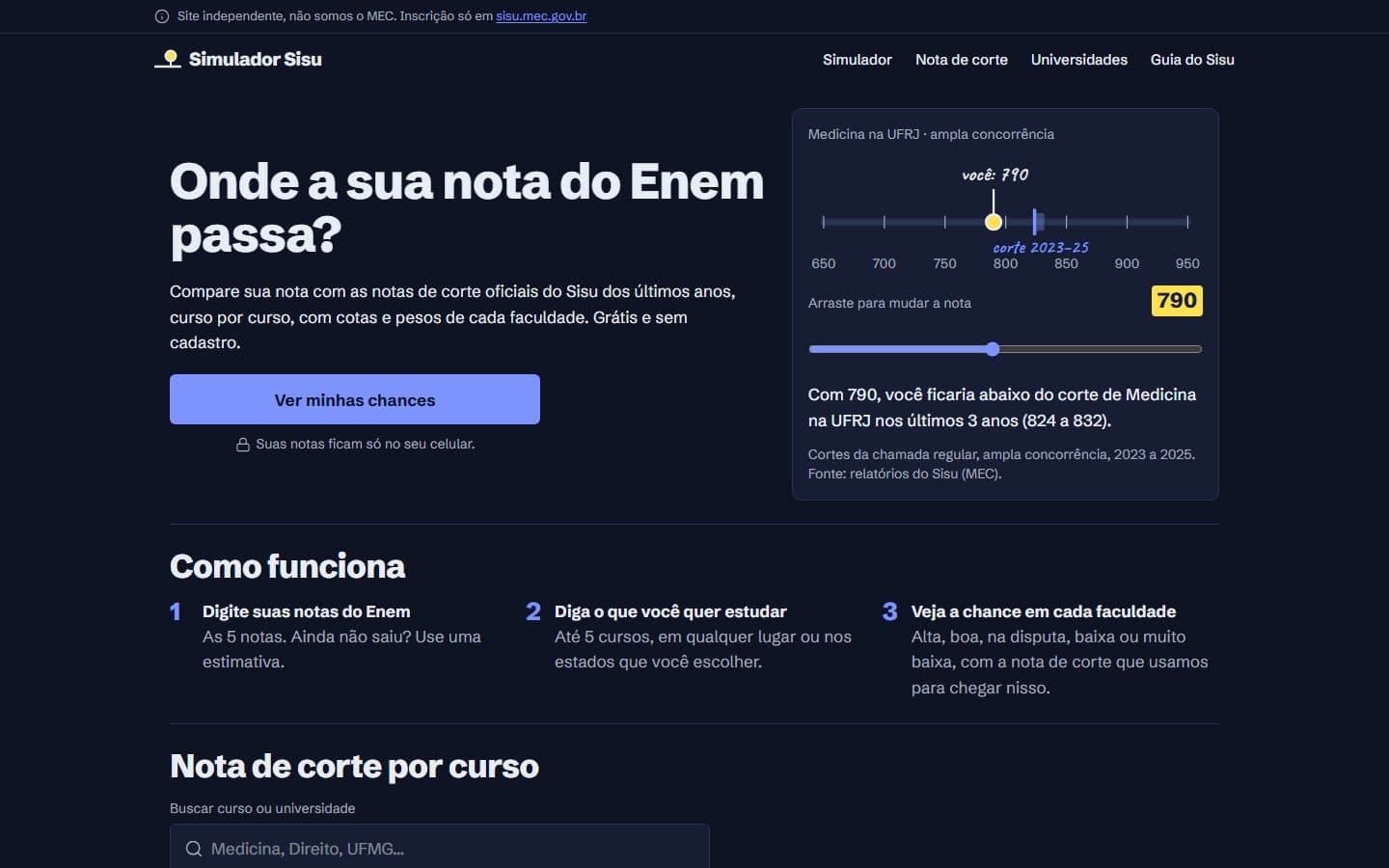 Página inicial do Simulador Sisu com o título Onde a sua nota do Enem passa e a régua arrastável com a nota 790 contra o corte de Medicina na UFRJ