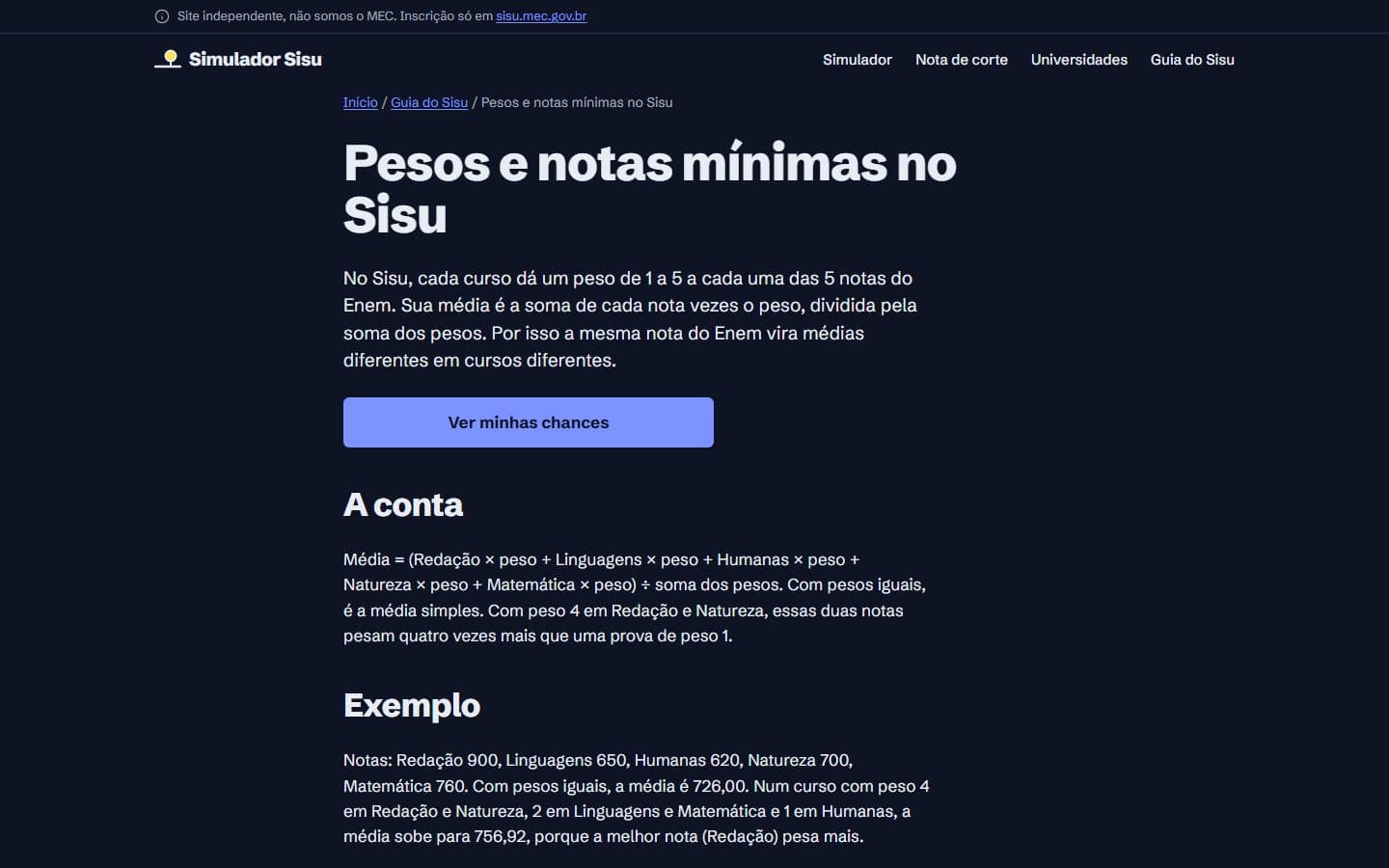 Guia Pesos e notas mínimas no Sisu, com a fórmula da média ponderada