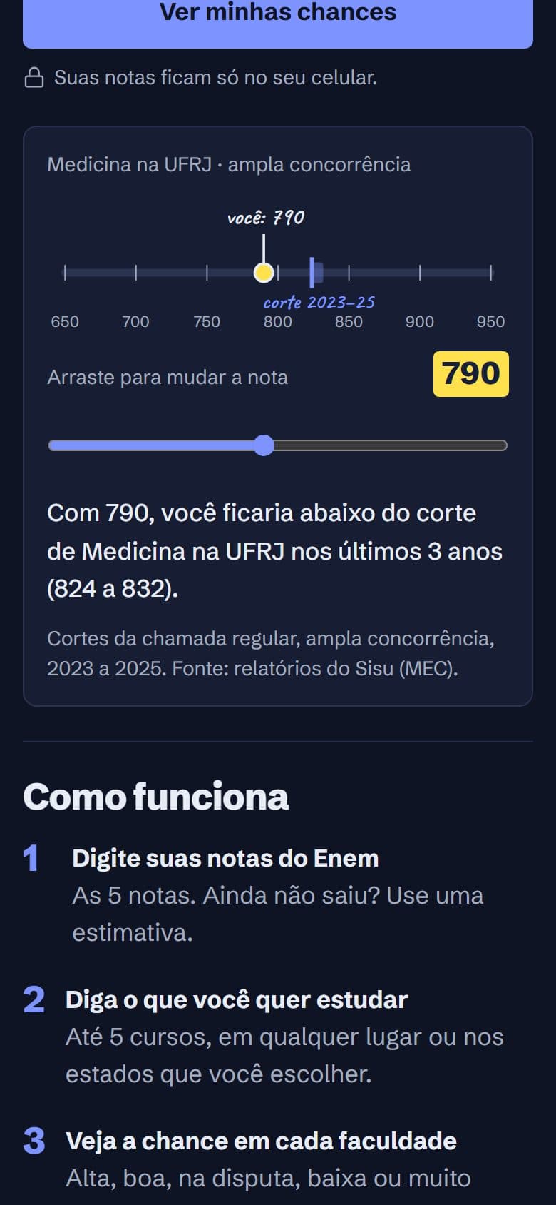 Demonstração da régua arrastável no celular, com a nota 790 e o texto comparando com o corte de Medicina na UFRJ