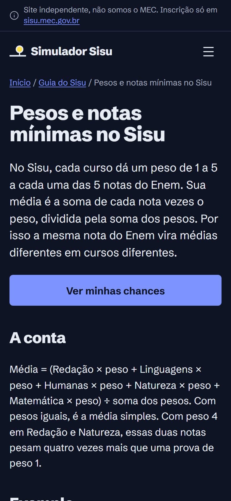 Guia de pesos no celular, com a explicação da média ponderada