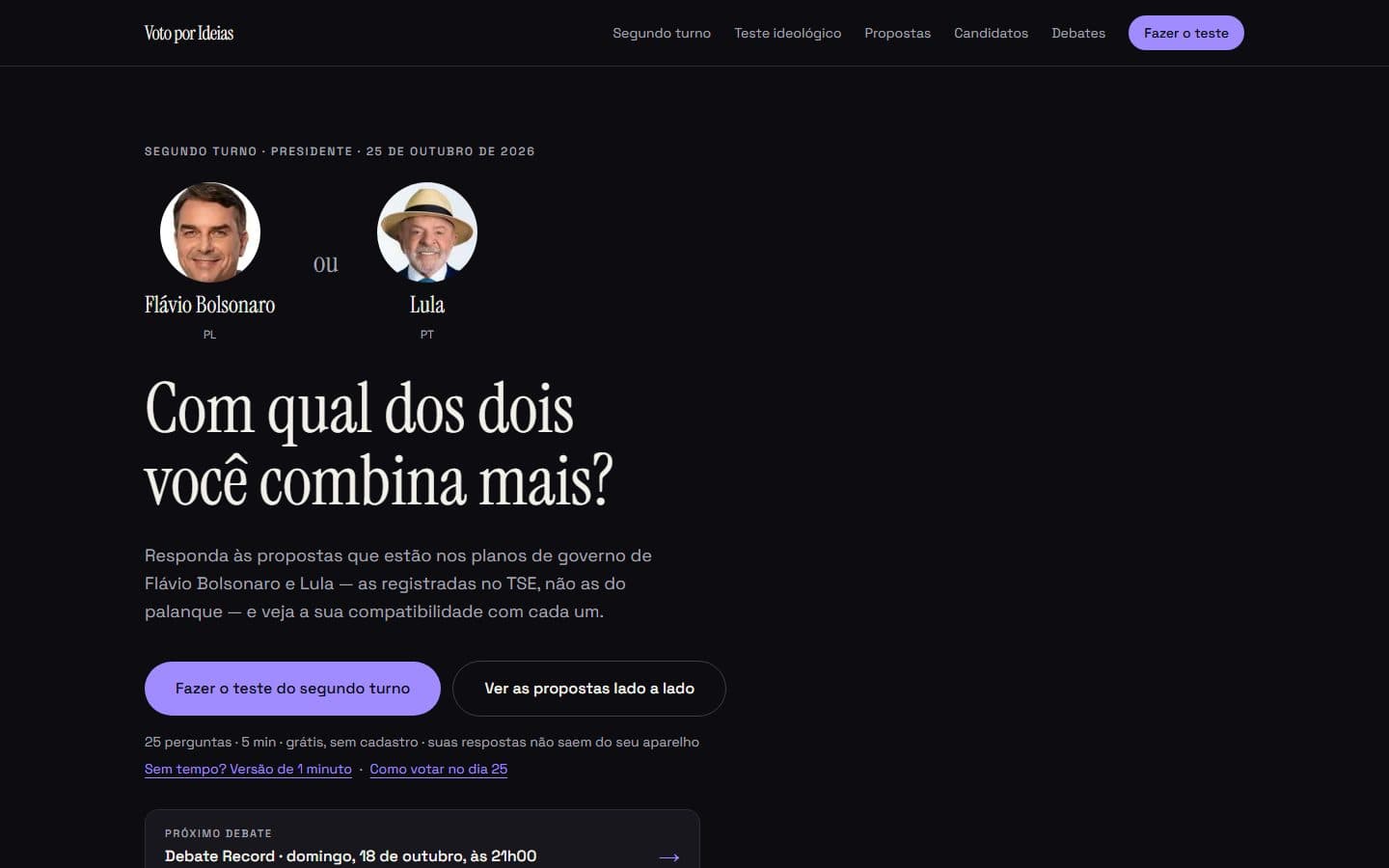 Página inicial do Voto por Ideias no segundo turno, com os dois finalistas lado a lado