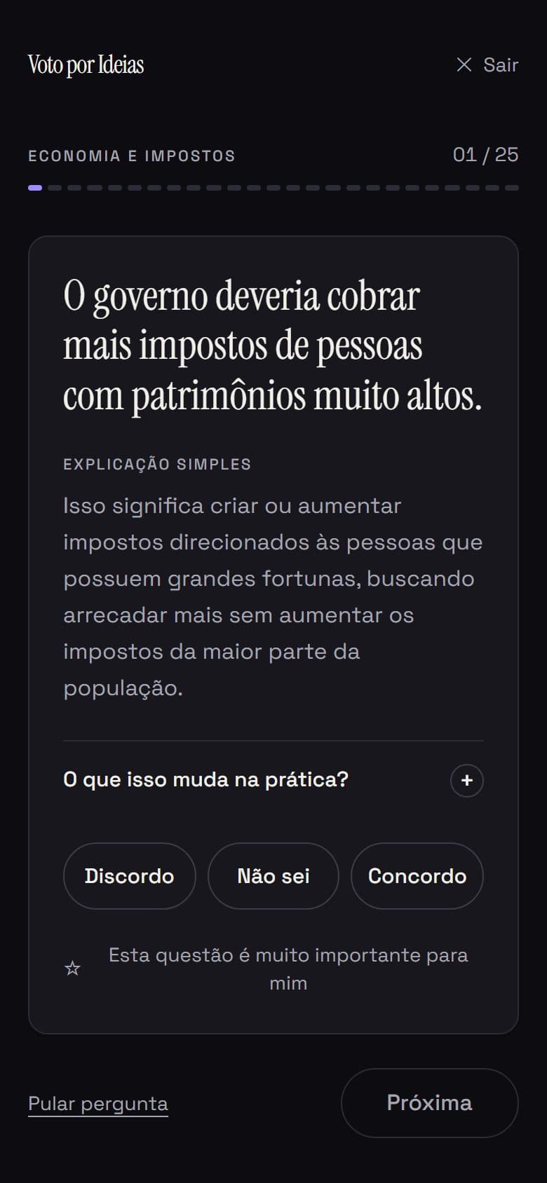 Pergunta do teste no celular, com explicação simples e as opções concordo, não sei e discordo