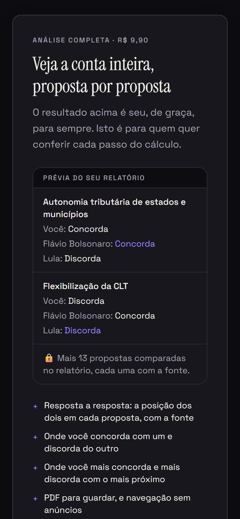 Oferta do relatório pago com prévia de duas propostas do próprio teste