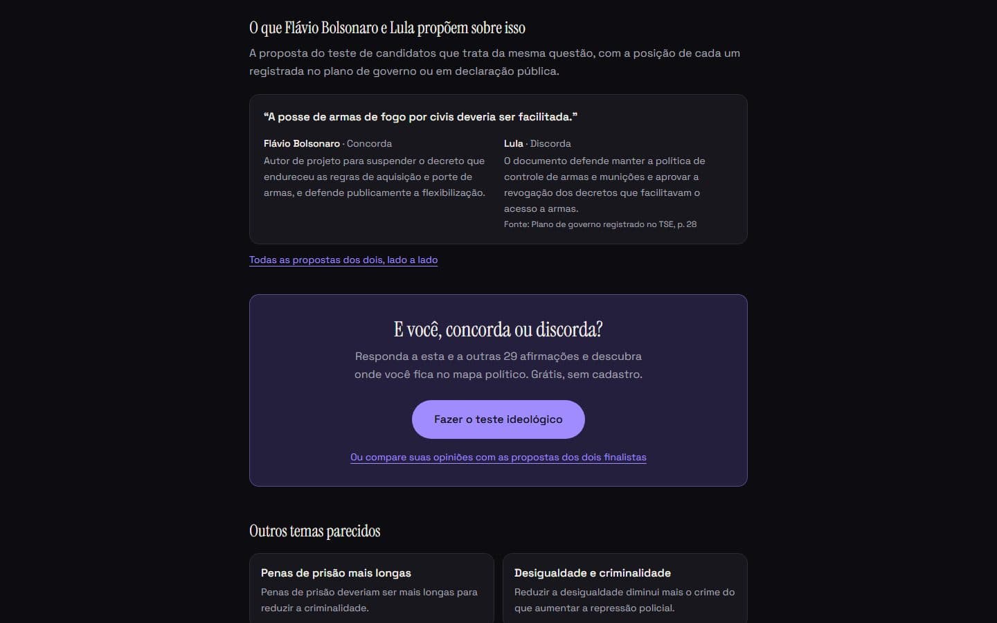 Página de tema do teste ideológico mostrando a posição de cada finalista com a fonte